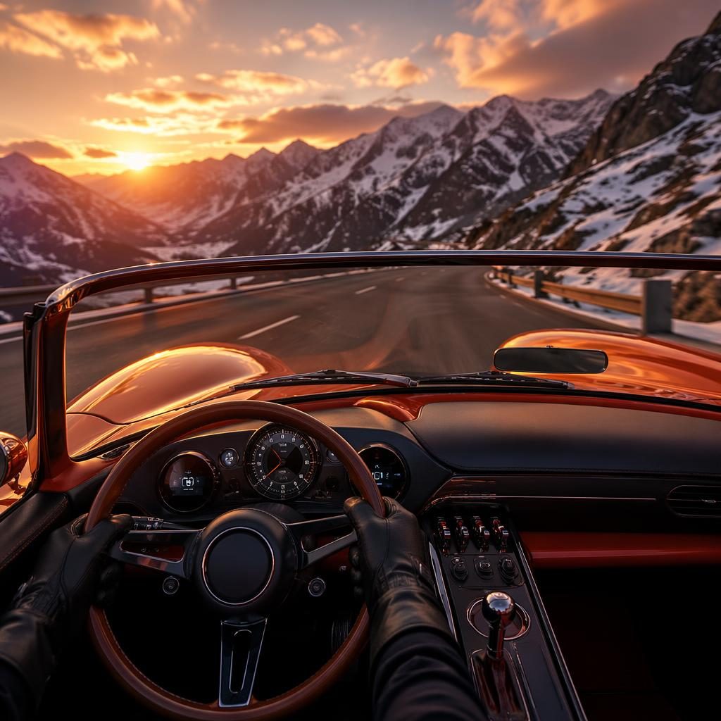 Vista interior de un concept car convertible naranja en un puerto alpino nevado, con luz cinematográfica y reflejos detallados.