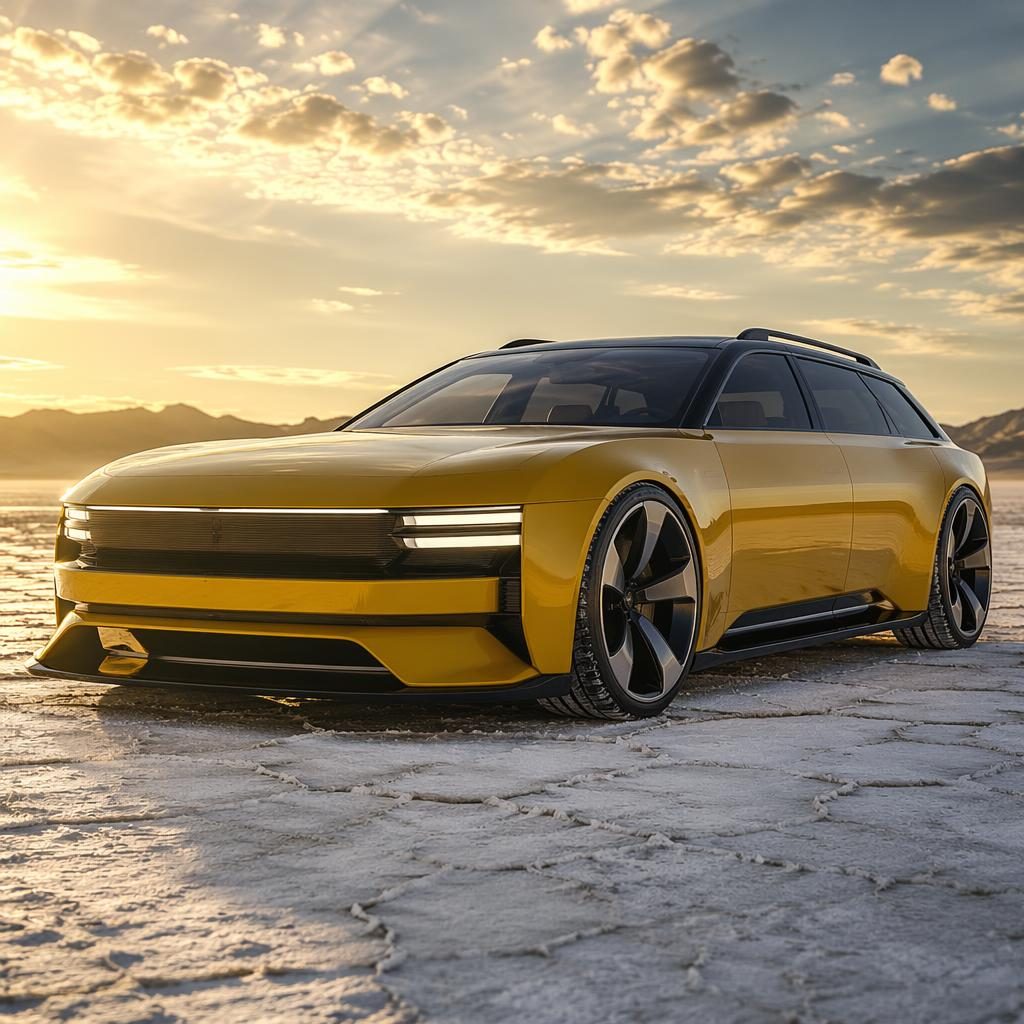 Mustard yellow retro futuristic concept wagon shot from a low front angle on desert salt flats with cinematic lighting