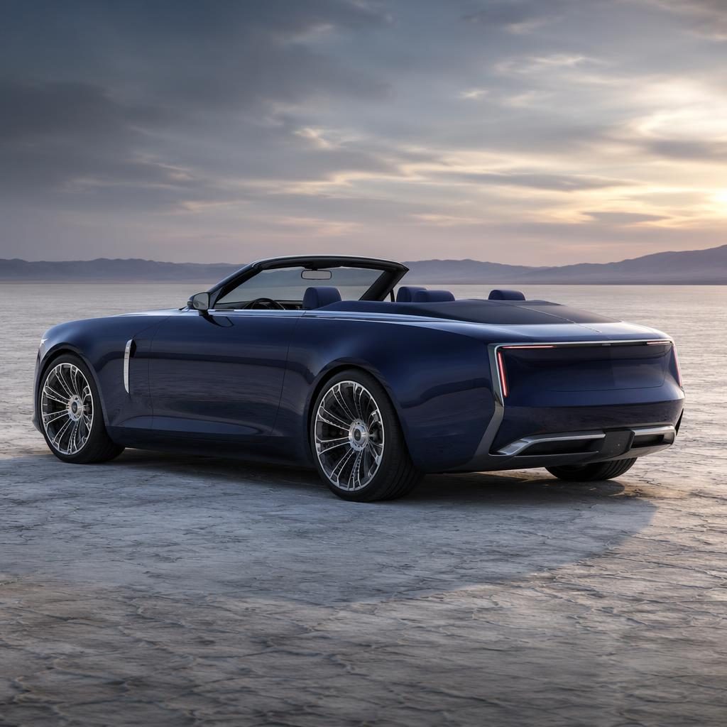 Midnight blue near-future convertible concept car on desert salt flats, shown from a three-quarter rear view.