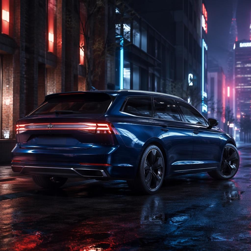 Midnight blue generic concept wagon, three-quarter rear view on a neon urban street with cinematic lighting and glossy reflections.