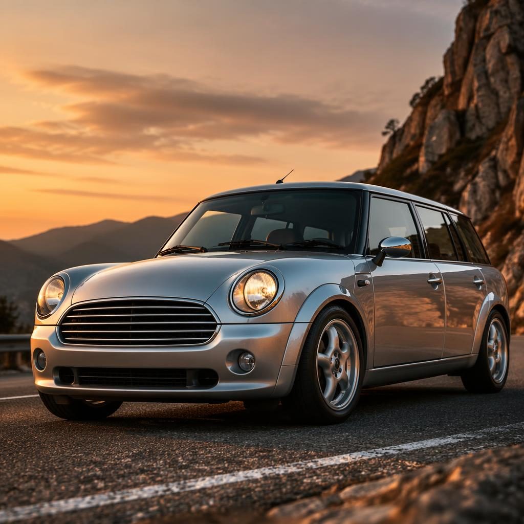 Generic silver 1990s-style wagon concept car mashup shot low from the front on a mountain road at sunset