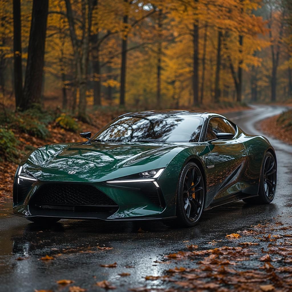 Coupé sport concept vert britannique, vue avant trois quarts, dans une forêt d’automne avec lumière cinématographique.