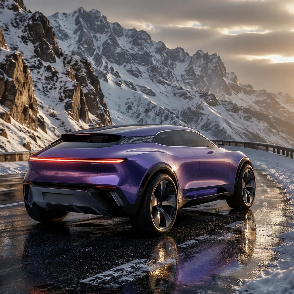 Concept voiture violette iridescente, vue arrière trois-quarts, style rétro-futuriste, sur un col alpin enneigé