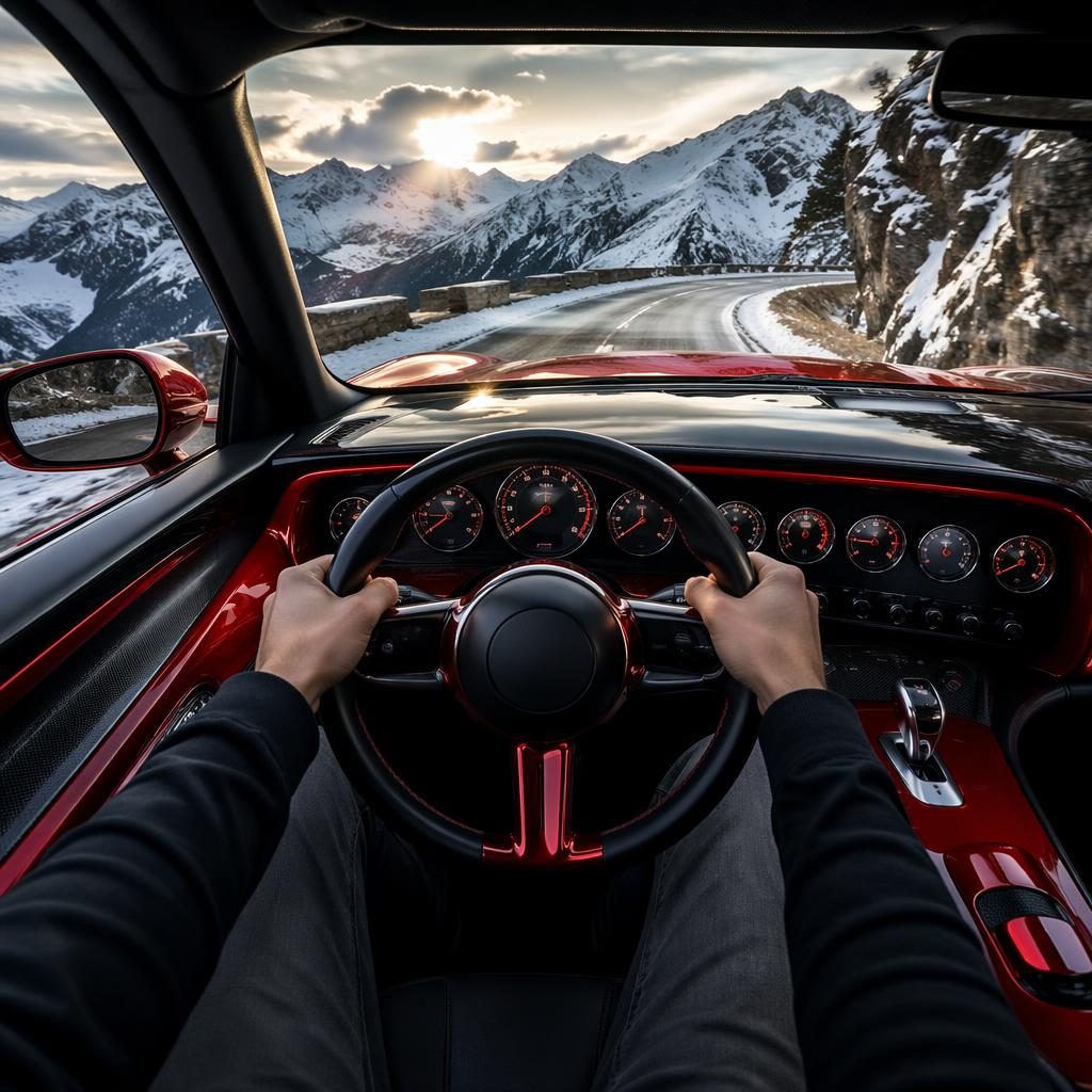 Interior POV of a generic retro-futurist red off-roader on a snowy alpine pass with cinematic lighting