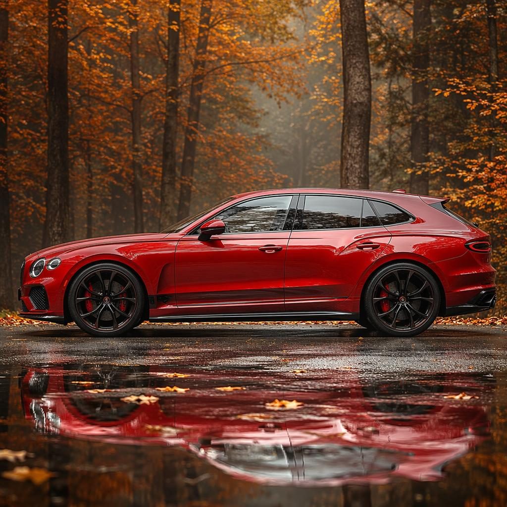 Červený moderní hot hatch v bočním profilu v podzimním lese, filmové světlo, detailní odlesky, bez log a znaků.