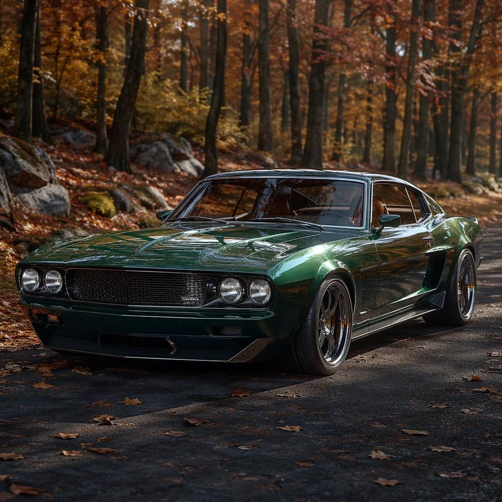 Generic green sports coupe concept, front three-quarter view in an autumn forest with cinematic lighting