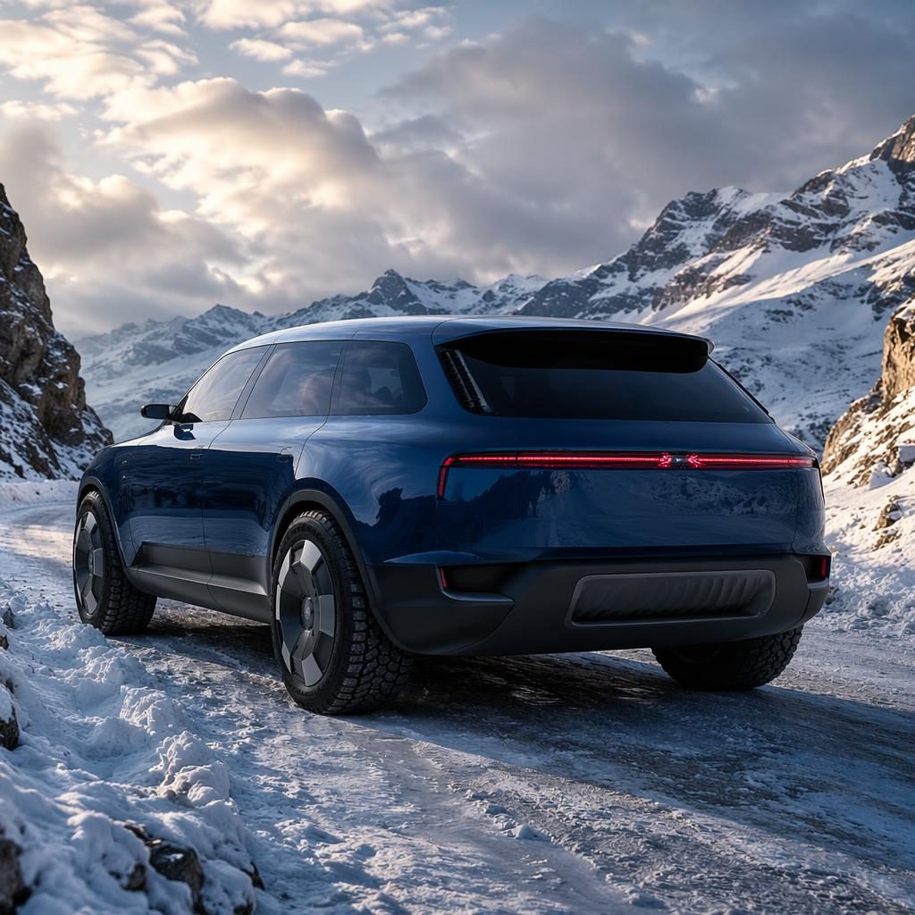 Midnight blue retro-futurist off-road concept car, three-quarter rear view on a snowy alpine pass in cinematic light.