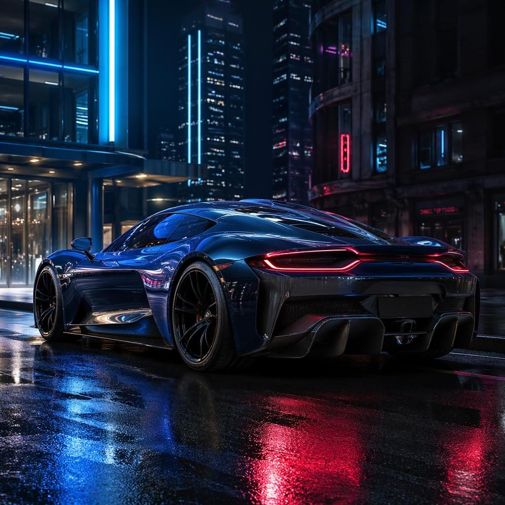 Tmavě modré futuristické GT zezadu ze tří čtvrtin v neonové městské ulici, filmové světlo a výrazné odrazy
