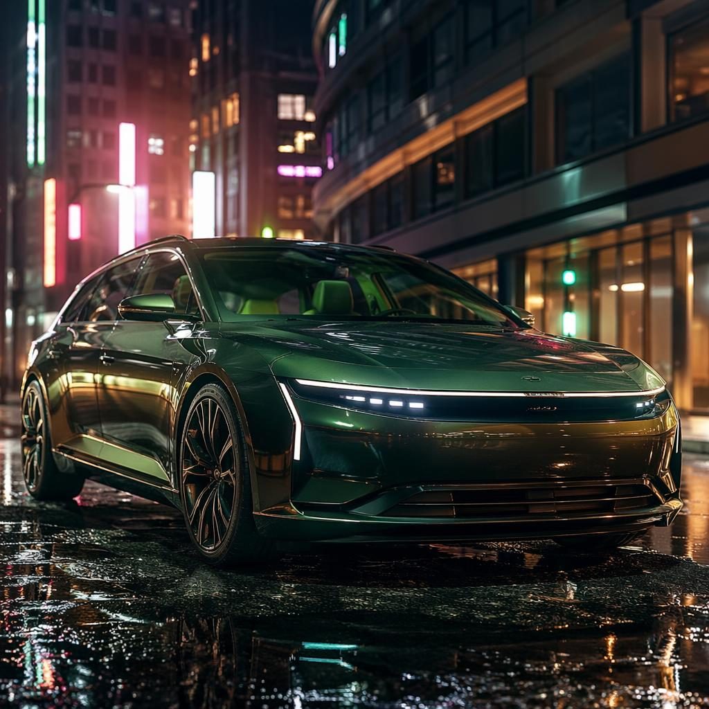 Break concept vert british racing green, vue avant basse, dans une rue urbaine au néon, style auto des années 2010.