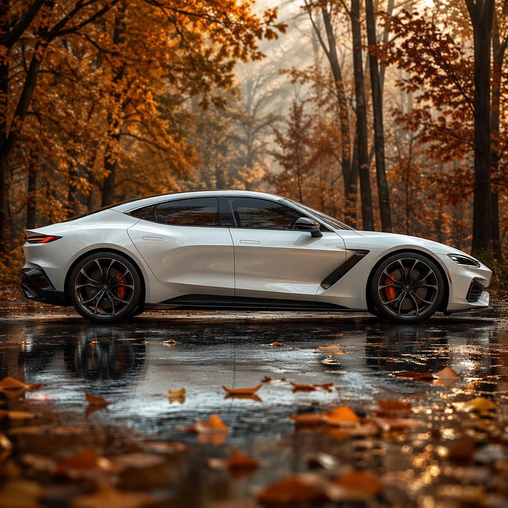 Perleťově bílý moderní sedan 2025 z bočního profilu v podzimním lese, filmové světlo a výrazné odlesky.