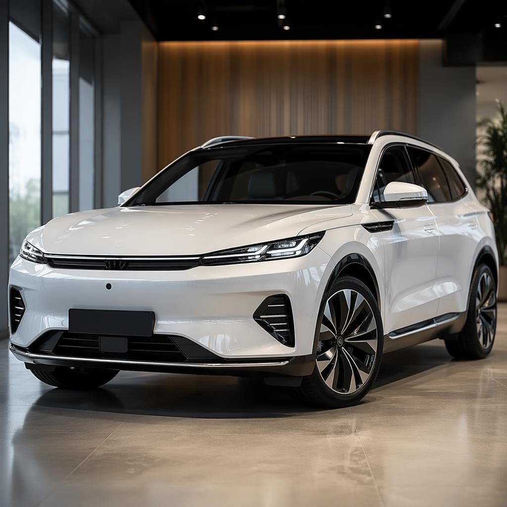 SUV électrique blanc nacré sans logo, vue trois quarts avant, dans un showroom studio avec éclairage cinématographique.