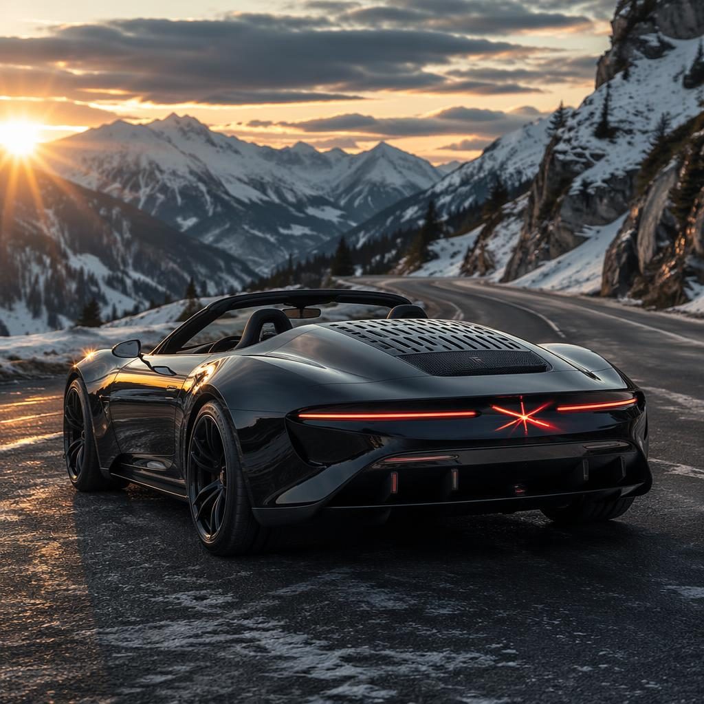 Matte black retro futurist convertible concept car on a snowy alpine pass, shown from the rear three-quarter view.