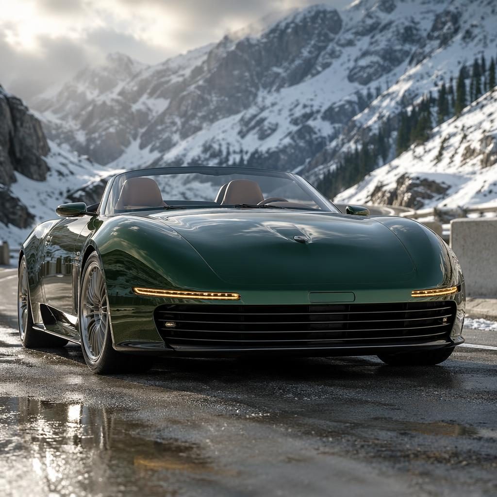 Retro-futurist green convertible concept car on a snowy alpine pass, shot low from the front in cinematic light.