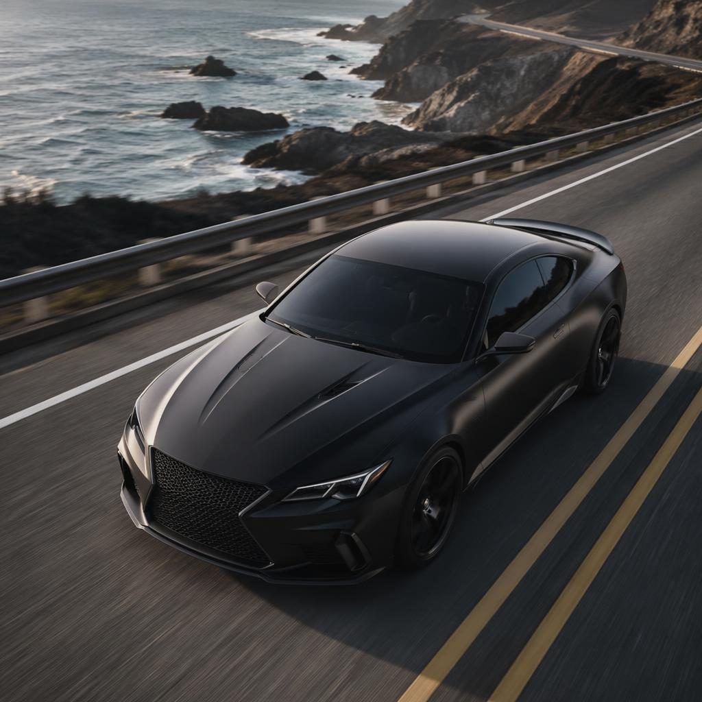 Aerial view of a matte black 2000s-style muscle concept car on a coastal highway in cinematic light.