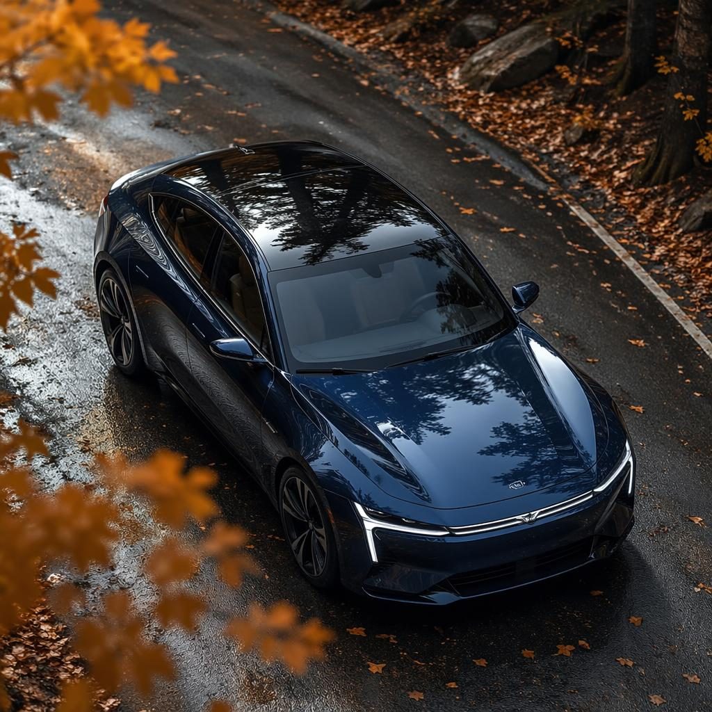 Aerial view of a midnight blue futuristic concept sedan on a forest road in autumn, with cinematic reflections.