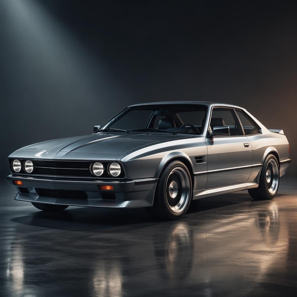Silbernes Concept Car im 80er-Muscle-Car-Stil, frontale Dreiviertelansicht im Studio mit cineastischem Licht.