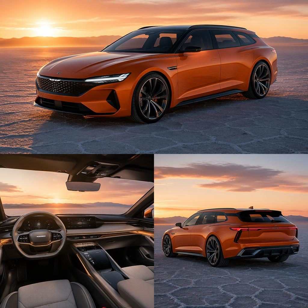Interior POV of a sunset orange futuristic concept wagon on desert salt flats with cinematic lighting and glossy reflections.