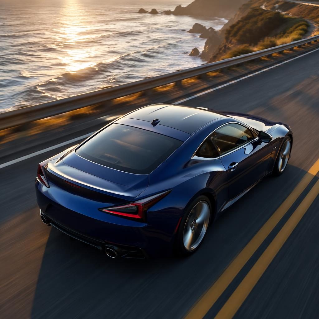 A midnight blue generic concept muscle car with 2000s styling seen from above on a coastal highway in cinematic light.