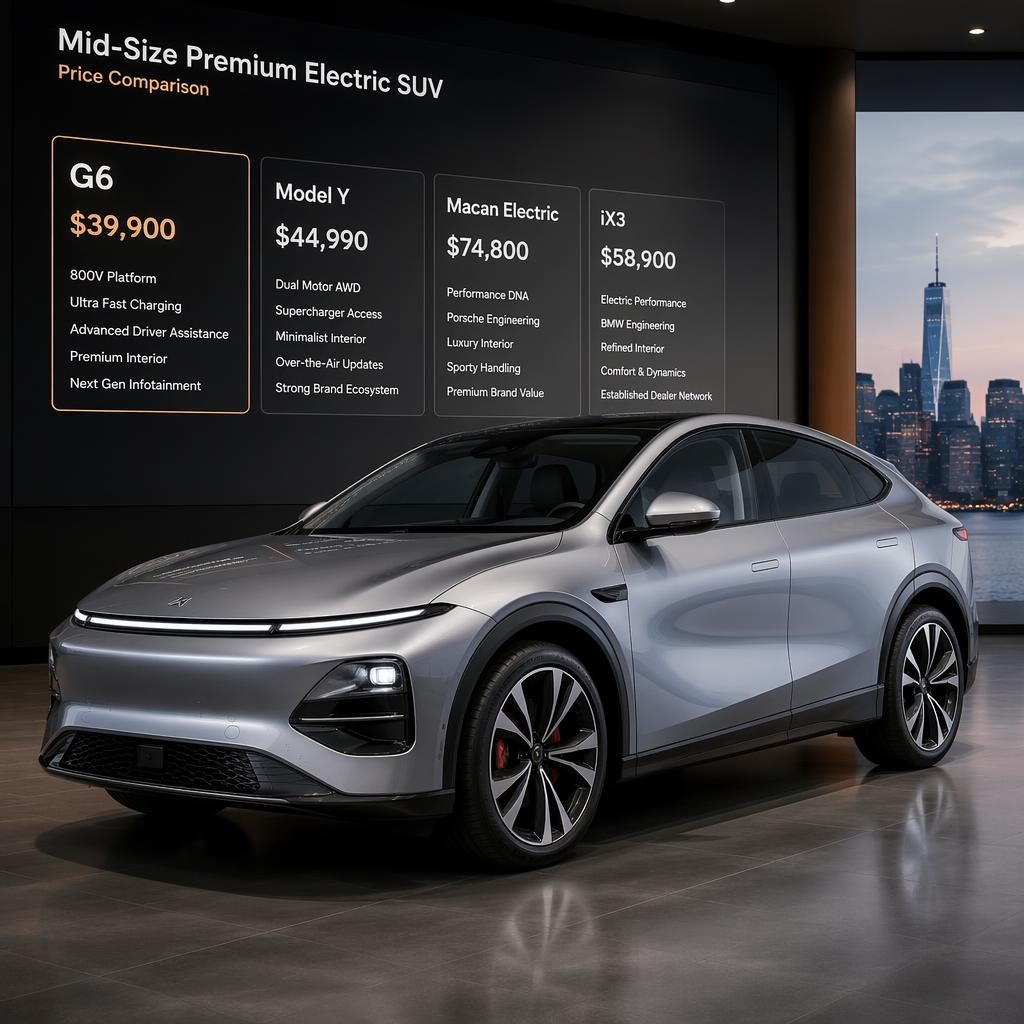 SUV électrique argent liquide vu de trois quarts avant en studio, style premium inspiré Tesla et Porsche