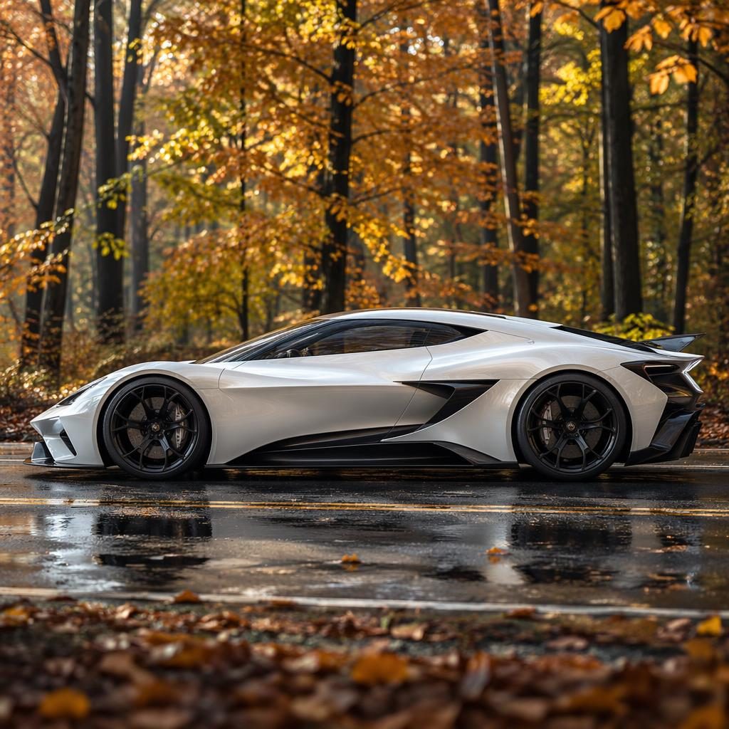 Perlweiße Hypercar-Studie in Seitenansicht im Herbstwald, mit cineastischem Licht und detailreichen Reflexionen.