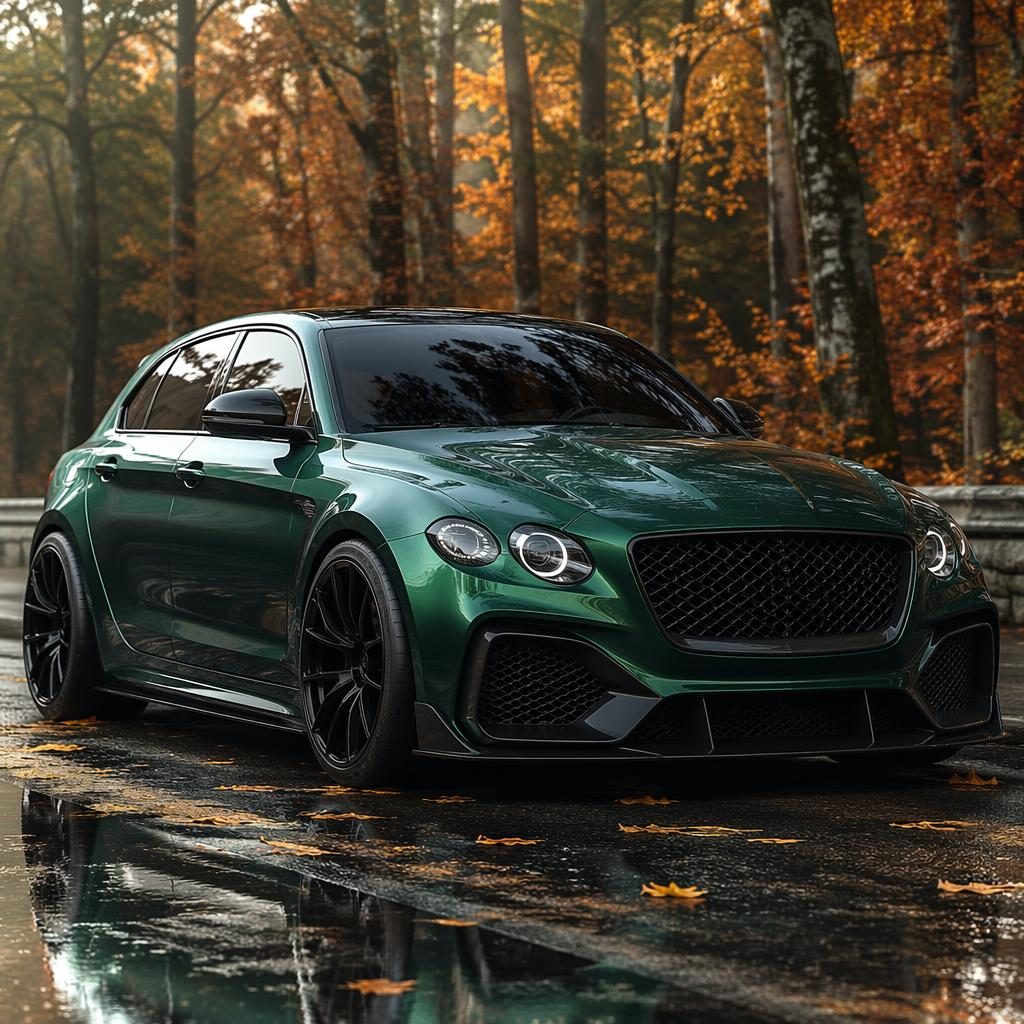 Zelený moderní hot hatch 2025 zepředu ze tříčtvrtě, v podzimním lese, s filmovým světlem a výraznými odlesky
