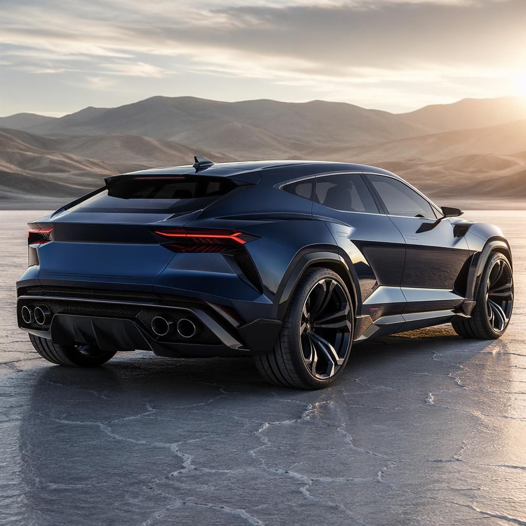 Futuristické SUV v tmavě modré barvě, záběr zezadu pod úhlem na solné pláni při filmovém světle.