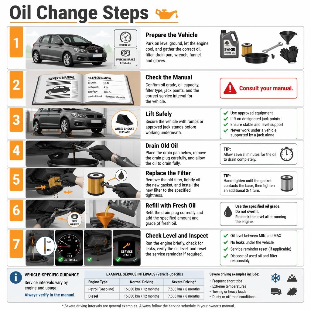 Instruktážní infografika se 7 kroky výměny oleje u auta v šedo-oranžovém stylu, včetně bezpečného zvednutí a kontroly.
