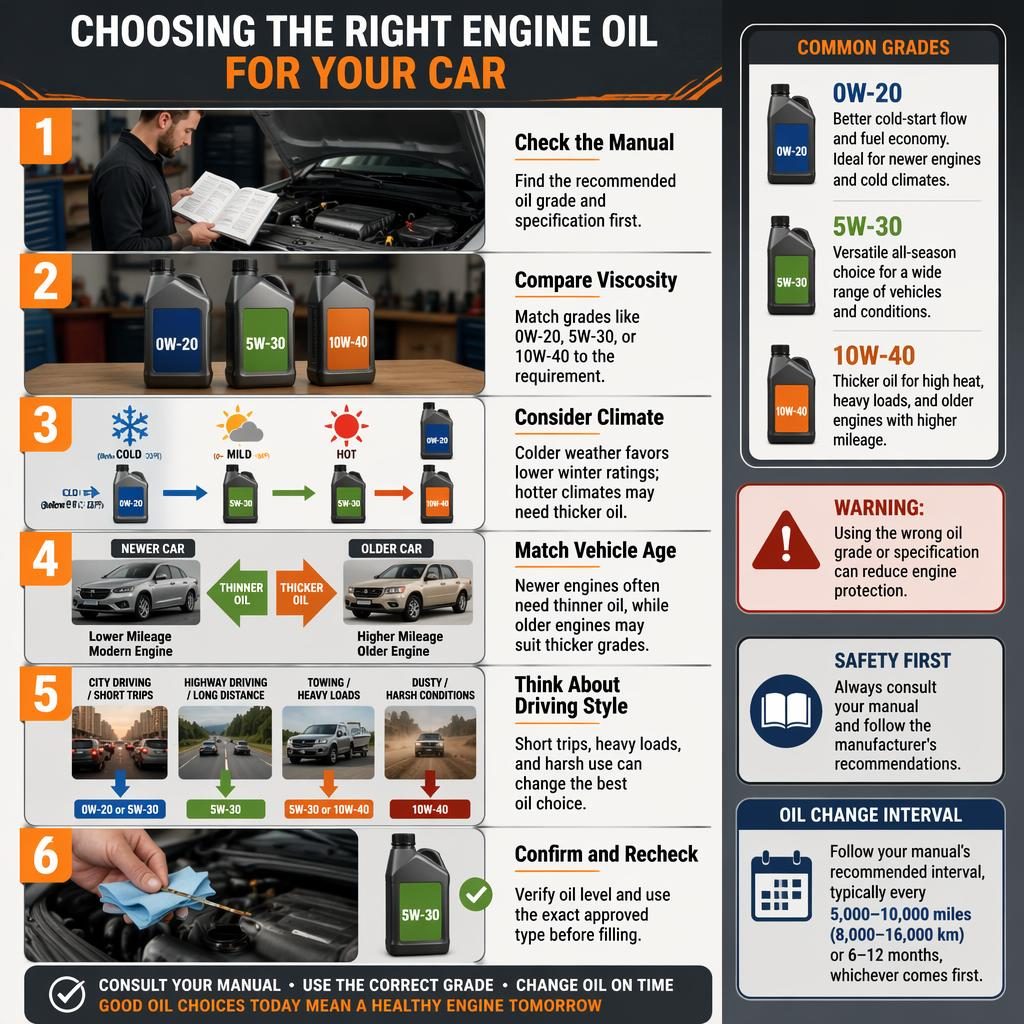 Vertikal infografik med 6 steg om vilken olja till min bil, oljeflaskor, motorutrymme, oljesticka och manual.