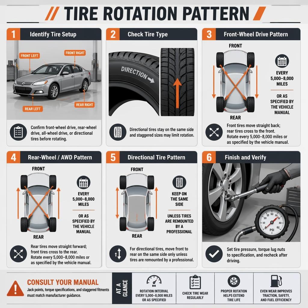 6-step tire rotation pattern infographic with FWD, RWD/AWD, directional tire diagrams, safety callout, and service tools.