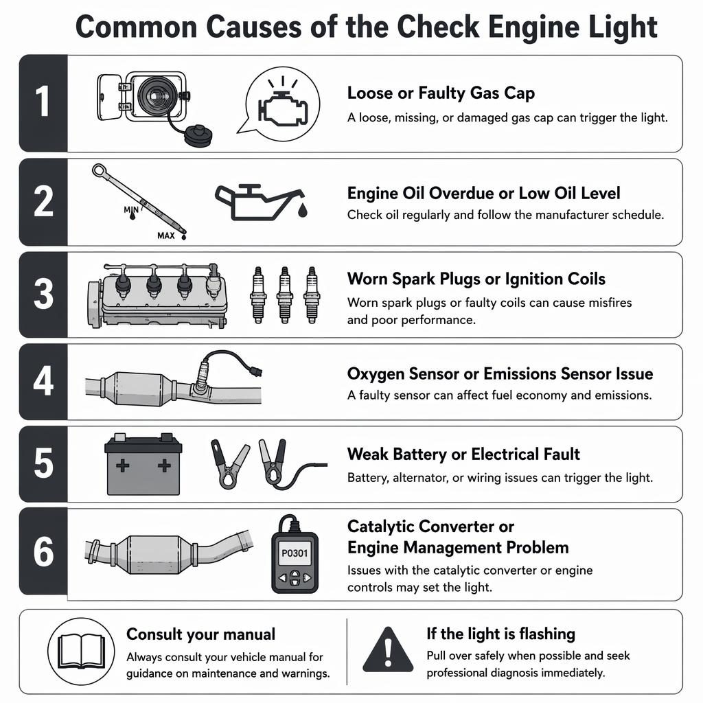 Vertical 6-step car maintenance infographic on check engine light causes with monochrome icons, English labels, and manual callout.