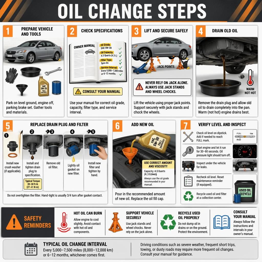 7-step oil change steps infographic with gray-orange instruction cards, safety callouts, tools, drain pan, filter, dipstick