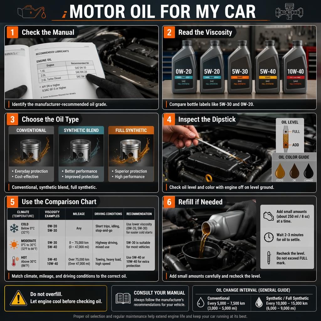 Infografik om motorolja till min bil med 6 steg, öppen motorhuv, oljesticka, motoroljor och jämförelsetabell.