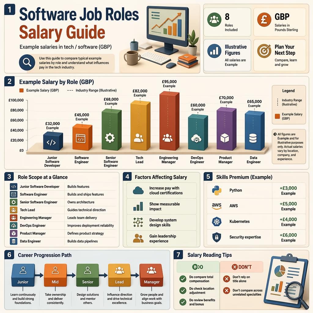 Isometric 3D infographic with example GBP salary bars for software roles, skills premiums, career path, and tips.