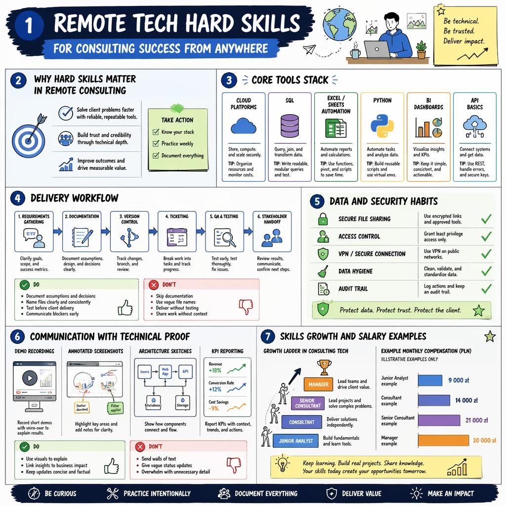 Sketchnote infographic on remote tech hard skills for consulting with tools, workflow, security, proof artifacts, ladder and pay bars.