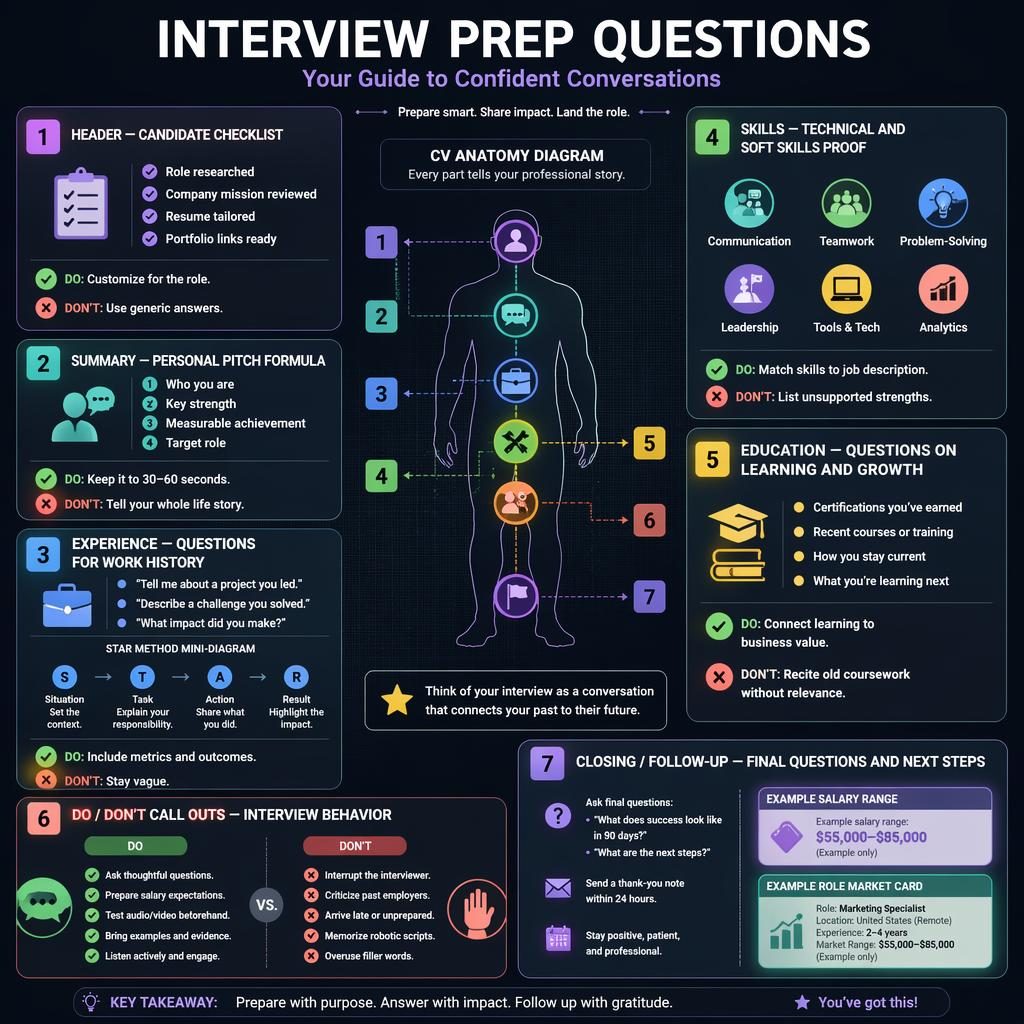 Infografía profesional oscura con 7 paneles sobre preparación de entrevista, checklist, método STAR, do/don’t e iconos UI.