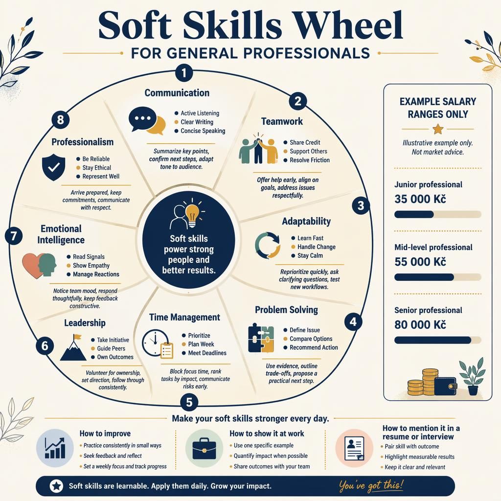 Illustrative Infografik mit zentralem Soft-Skills-Rad, 8 Segmenten, englischen Labels und Beispiel-Gehaltsbox in Kč.