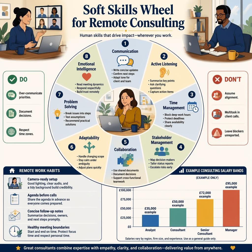 Editorial infographic showing a soft skills wheel for remote consulting with 8 labeled sections, 2 support panels, and example salary bars.