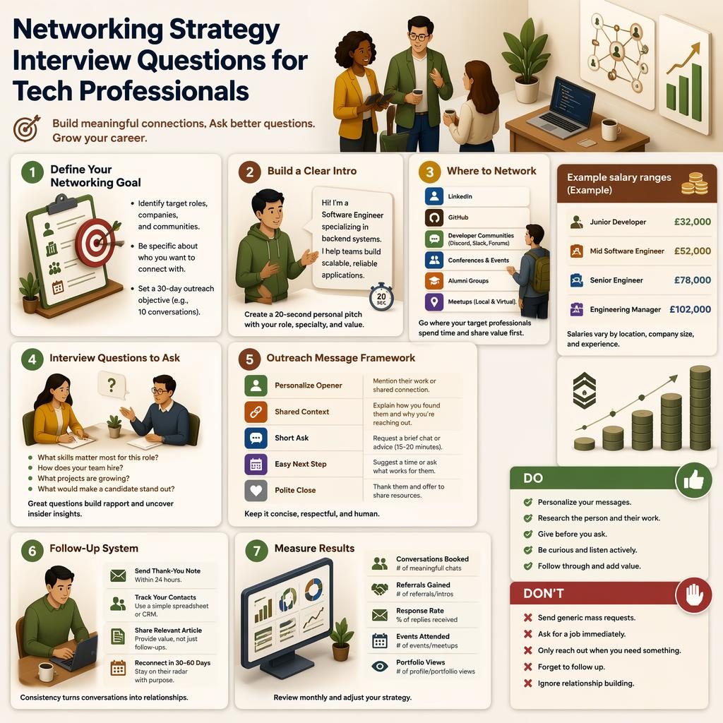Isometric 3D career infographic with 7 networking tips for tech professionals, diverse people, layered cards, and example salary ranges.