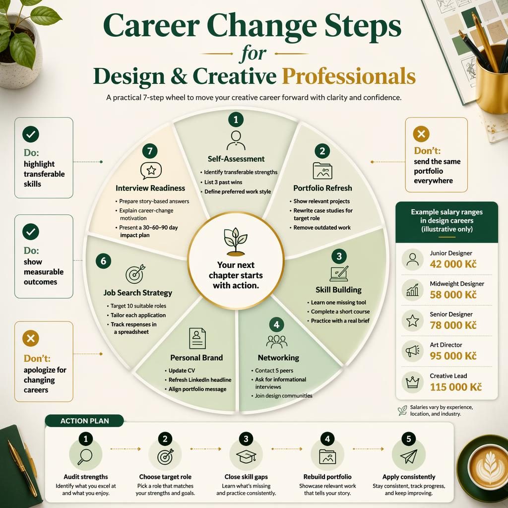 Green and gold infographic wheel with 7 career change steps for design professionals and an example CZK salary box.