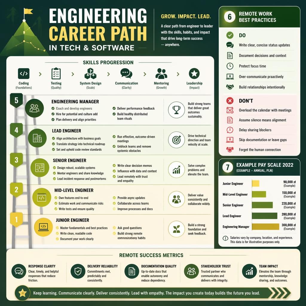 Editorial tech career ladder infographic with 7 sections, remote work tips, skills strip, and example PLN pay scale 2022.