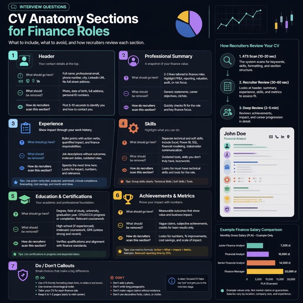 Infographie éditoriale sombre sur l’anatomie d’un CV finance, avec 7 sections, cartes Q&R, icônes et graphique salarial.