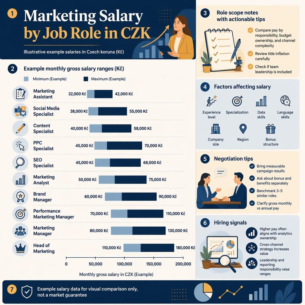 Vertical infographic bar chart showing example CZK marketing salary ranges by role with tips, factors, legend, and icons.