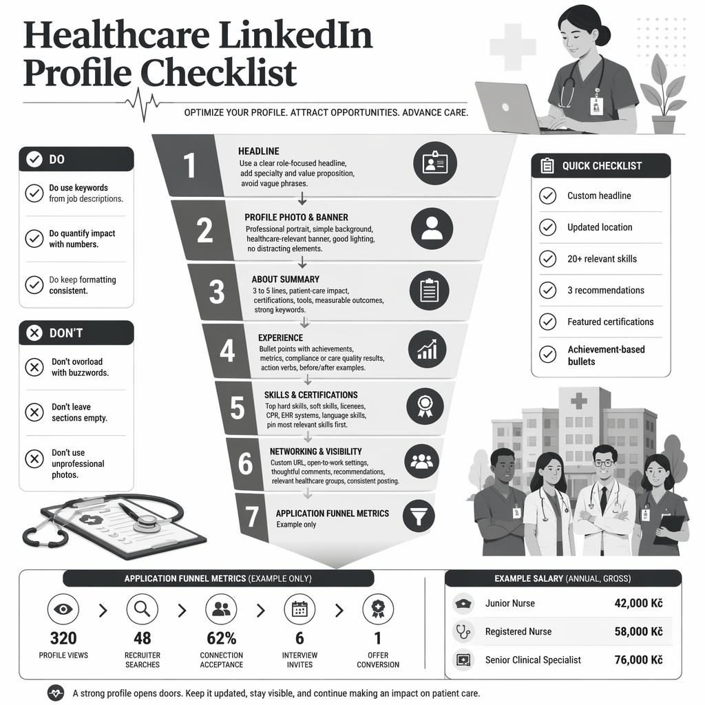 Infographie éditoriale LinkedIn en noir et blanc sur le profil santé, avec entonnoir à 7 sections, icônes et checklist.