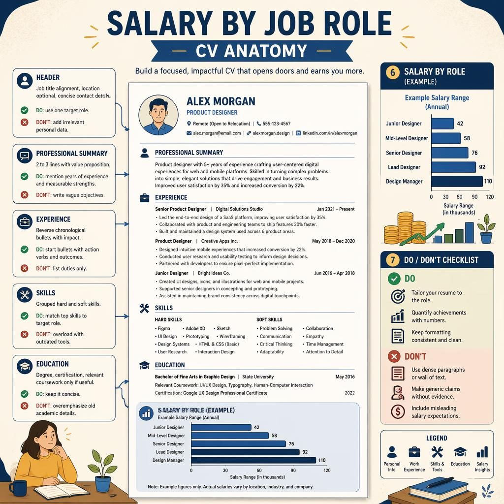 Editorial infografika s životopisem uprostřed, popisky 7 sekcí, do/don't značky a ukázkovým platovým grafem rolí.