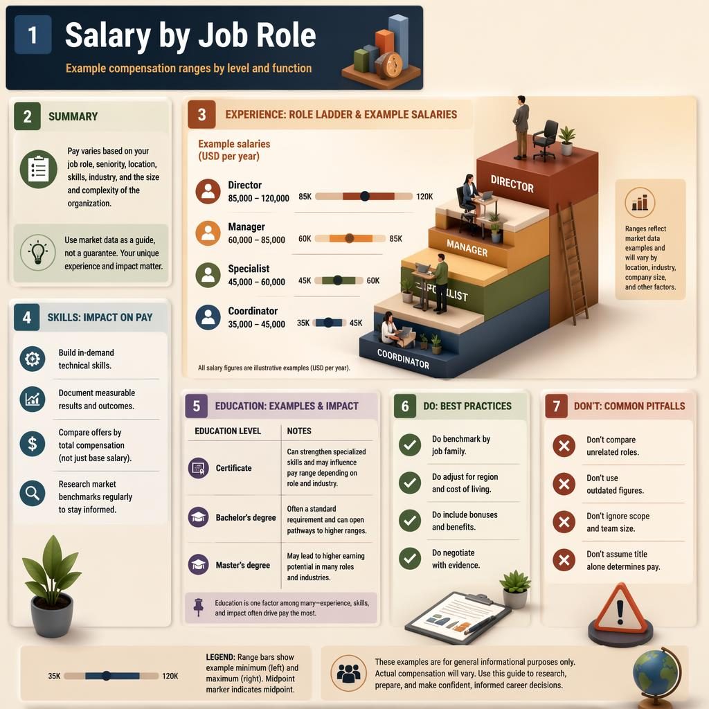 Isometric 3D career infographic with 7 resume-style panels showing example salaries by job role, skills, education, do and don't callouts.