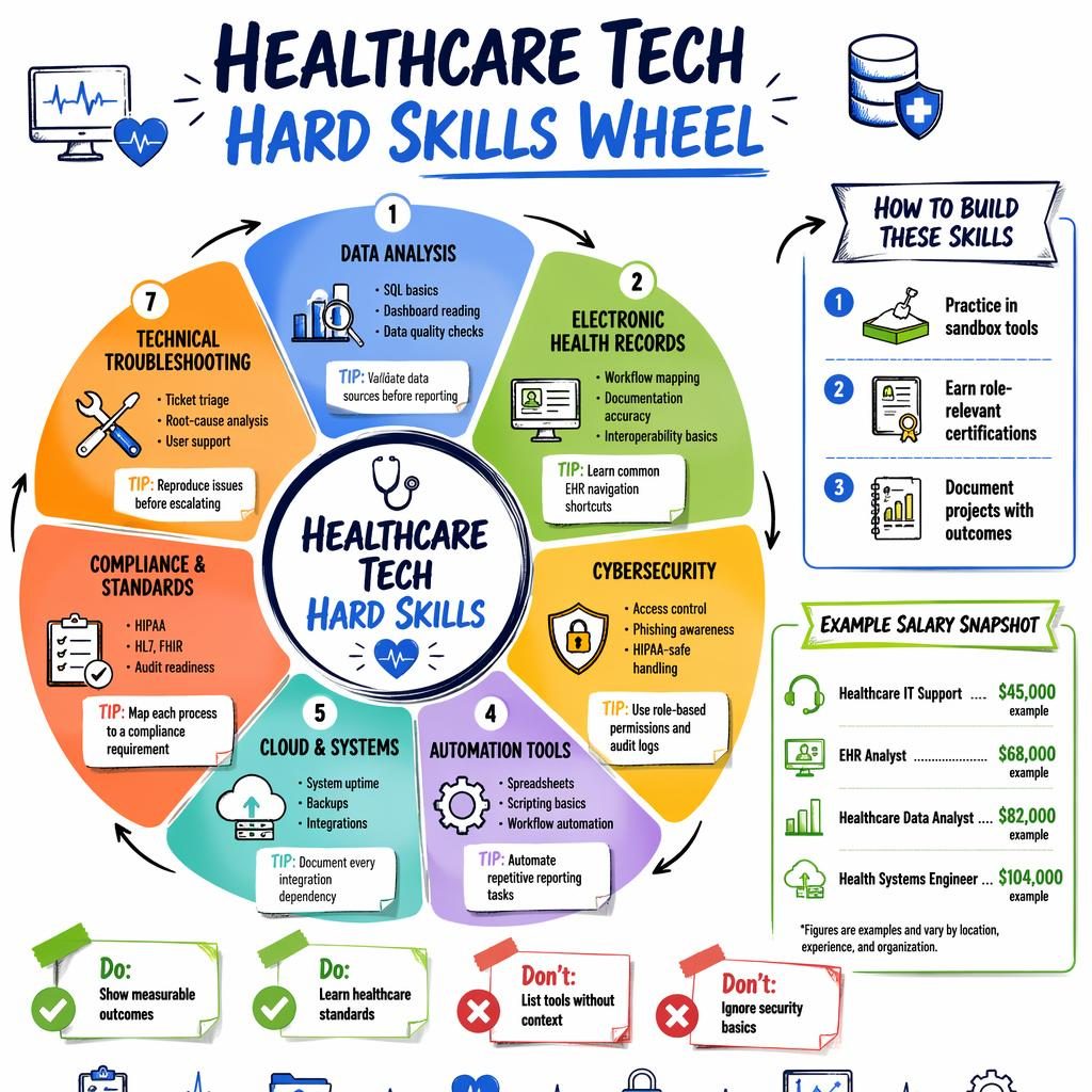 Sketchnote infographic of a Healthcare Tech Hard Skills wheel with 7 sections, tips, salary example panel, and icons.