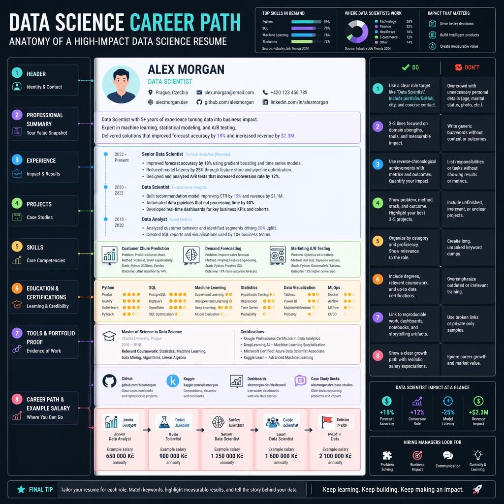 Dark dashboard infographic of a data science resume anatomy with 8 labeled sections, do/don't callouts, and example salary ladder.