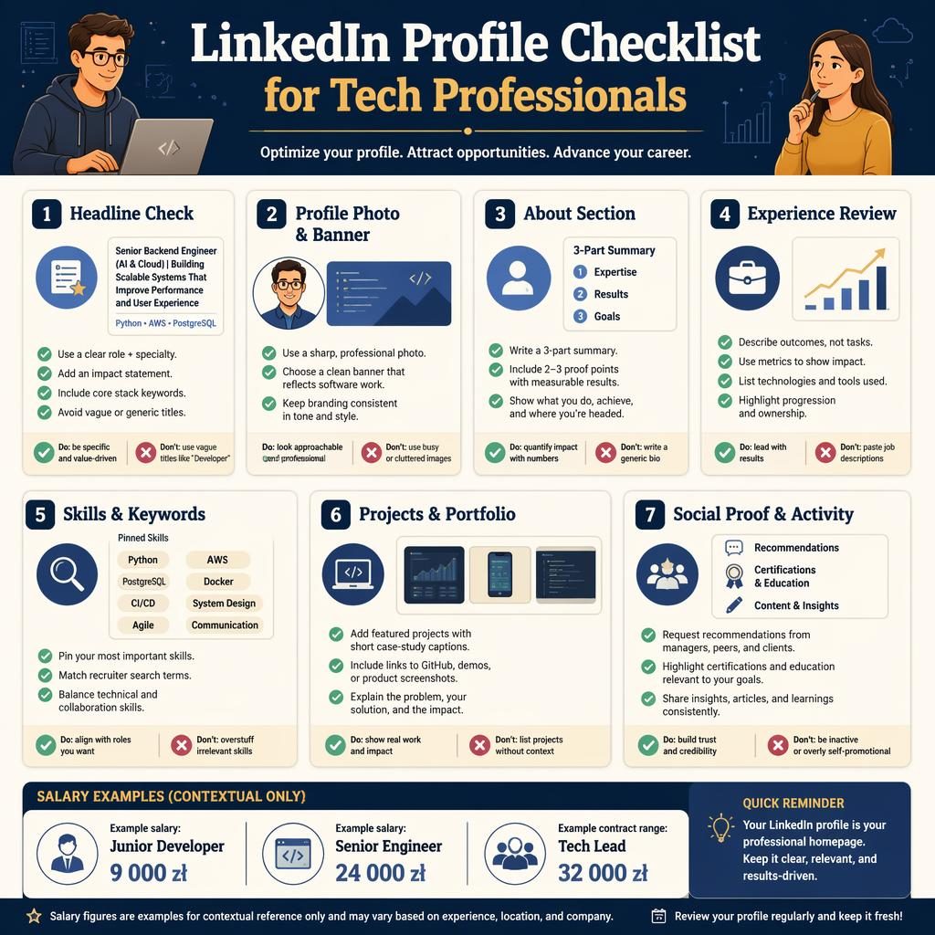 Infographie style magazine LinkedIn avec 7 cartes checklist pour optimiser un profil LinkedIn tech, palette bleu marine crème.