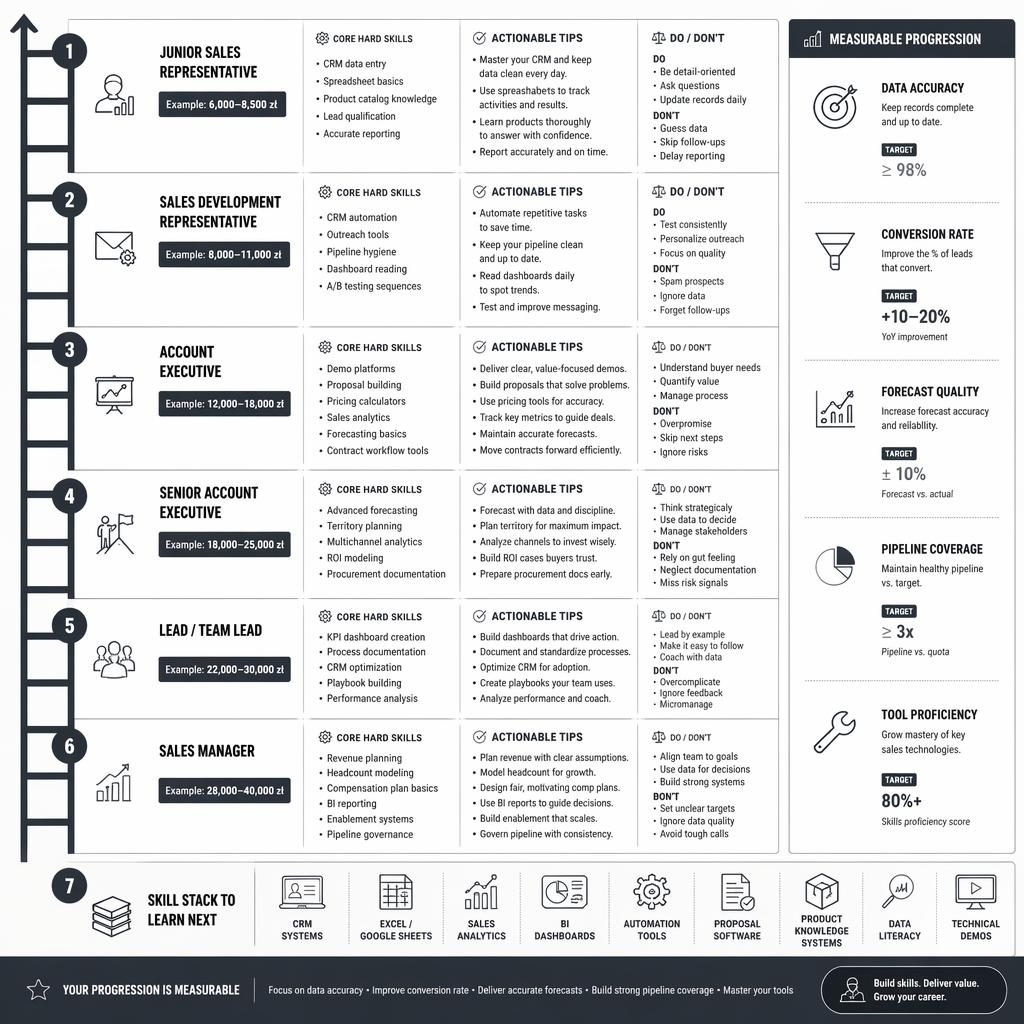 Vertikální monochromatická infografika s 7 stupni kariéry v sales, anglické popisky, ikony, tipy a ukázkové mzdy v PLN.