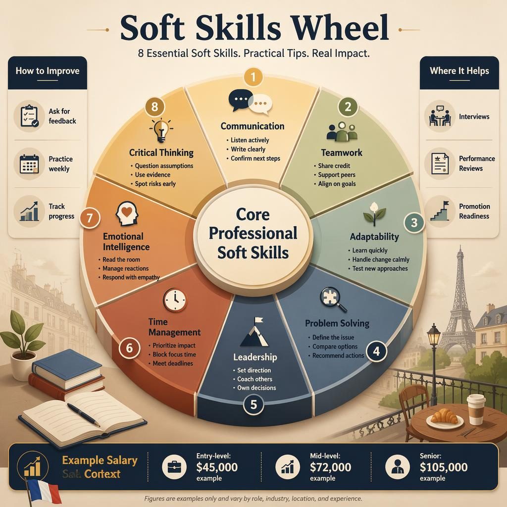 Infographie isométrique 3D d’une roue des soft skills avec 8 sections, 2 panneaux latéraux et une barre salariale.